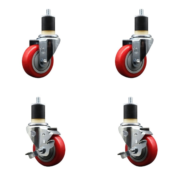 Service Caster 3.5'' Red Poly Wheel Swivel 1-7/8'' Expanding Stem Caster Set 2 Brakes, 4PK SCC-EX20S3514-PPUB-RED-2-TLB-2-178 - main